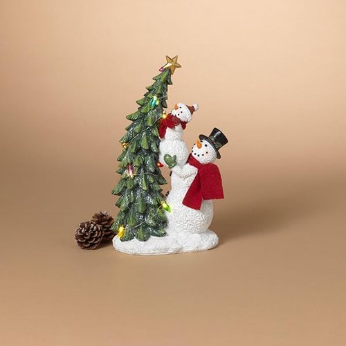 Gerson Battery Operated Holiday Snowmen | Lighted Resin Decor with Tree - 12.6" H, Large
