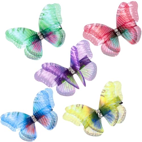 HINZIC 5pcs 3D Organza Butterfly Hair Clips Gradient Rhinestone Barrettes