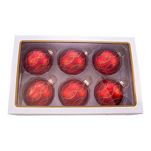 Red Glitter Pattern Glass Ball Ornaments - 80MM Holiday Christmas Decorations, 6 Pack