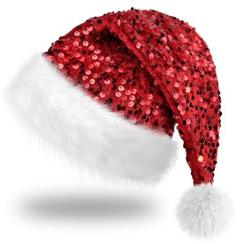 Sequin Plush Velvet Glitter Santa Hat for Adults - Red Xmas Party Supplies