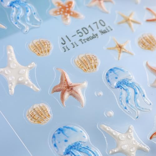 5D Embossed Ocean Summer Nail Art Stickers 3-Sheet Starfish Shell Decals