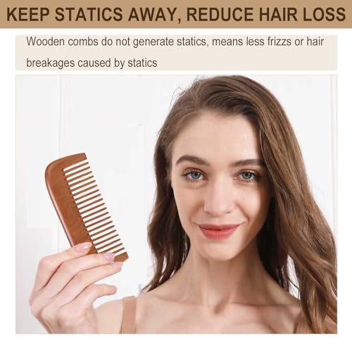 Natural Wooden Hair and Beard Comb Anti-Static Peachwood Scalp Massager with Pouch