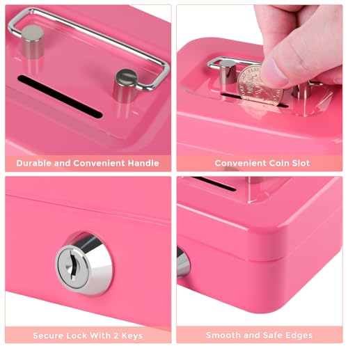 Crinwaki Mini Pink Steel Cash Box with Lock and Coin Slot - 4.5" Compact Safe