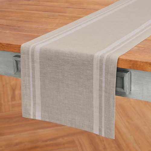 Pure Linen Table Runner 14 x 90 Inches - White & Natural Stripe