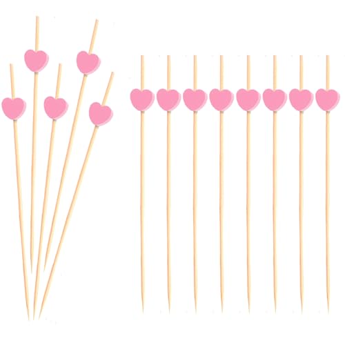 Pink Heart Bamboo Cocktail Picks - 100 Pack for Parties & Events
