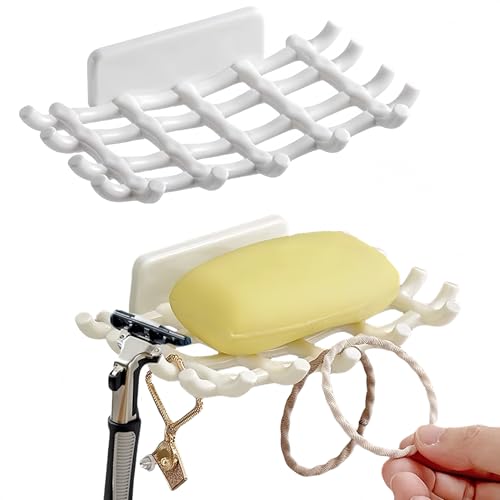 White Soap Holder with Hooks - No Drilling Adhesive Tray for Shower & Sink