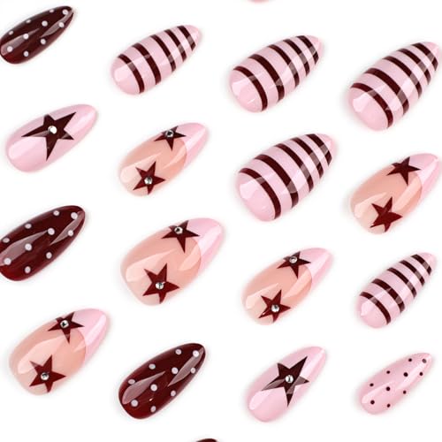Red Polka Dot Press On Nails Medium Almond Fake Nails Y2k Star 24Pcs