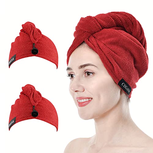 COGANA Red Microfiber Hair Drying Turban Wrap Towel with Button 10x28 Inches