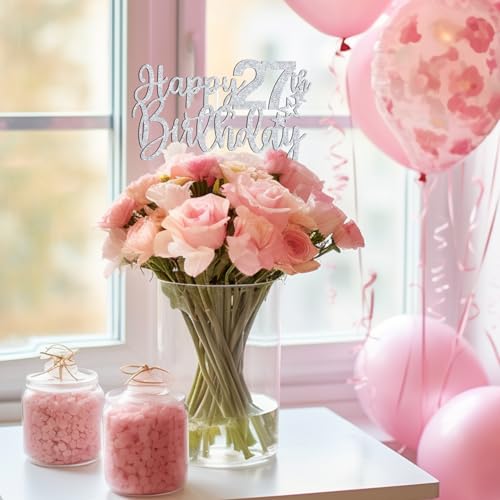 Happy 27th Birthday Cake Topper - Silver Glitter Decor