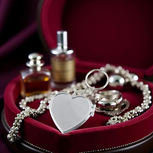 Silver Metal Heart Compact Pocket Mirror with Keychain Travel Makeup Mirror