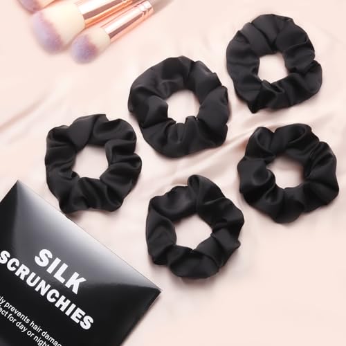 PTSHOW 5 Pack Black Silk Hair Scrunchies for Women