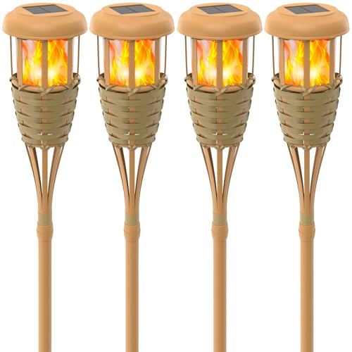 Solar Outdoor Flickering Flame Torch Lights - 4 Pack, Classic Yellow