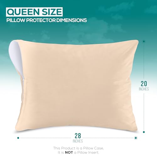 Queen Size Pillow Protectors Set of 2 Beige Waterproof Zippered Pillow Covers