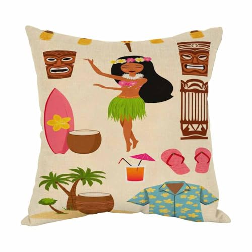 Hawaiian Symbols Throw Pillow Cover 18x18in Tiki Dancer & Totem Decor