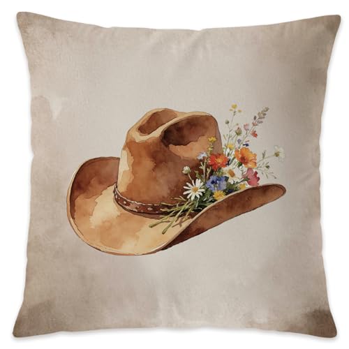 Floral Western Cowboy Hat Pillow Cover 18x18 - Cozy Decor
