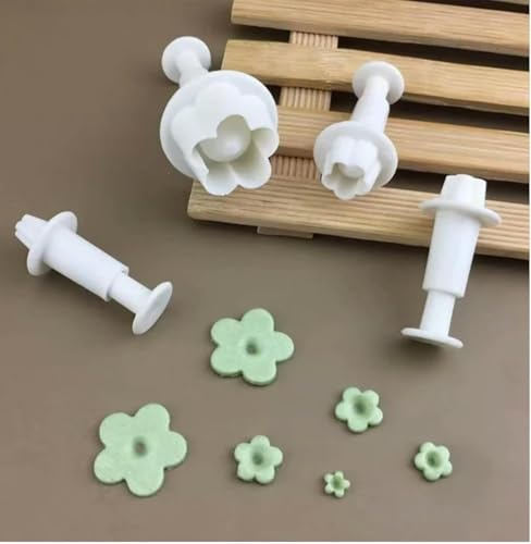 Cauaoa 4Pcs White Flower Cookie Cutters and Fondant Plunger Molds