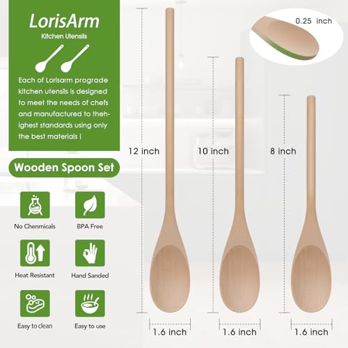 LorisArm Wooden Cooking Spoon Set - 3 Sizes, Maple Wood Utensils