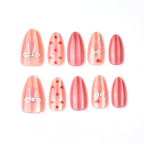 Valentine Press On Nails Medium Almond False Nails with Heart Bow