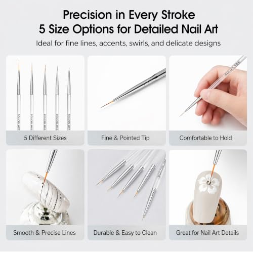 BOLOBLMEE 5PCS Ultra-Fine Nail Art Liner Brushes Set, Transparent Handle