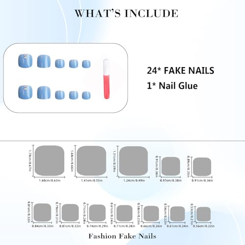 IMRAIN Blue Press on Toenails Short Square Fake Toe Nails with Rhinestone