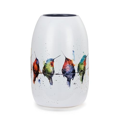 DEMDACO Dean Crouser Collection Watercolor Hummers On A Wire Colorful 7 x 4.5 Stoneware Decorative Bud Floral Flower Vase Container Vessel