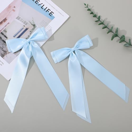 Light Blue Hair Bow Clips with Long Tails 2-Pack Satin Ribbon Barrettes