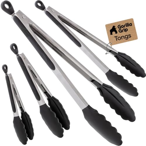 GORILLA GRIP Stainless Steel Kitchen Tongs 4-Piece Set (7, 9, 12, 14 inch) - Black, BPA-Free, Heat-Resistant