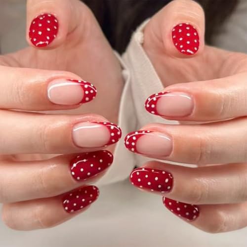 Red French Tip Press on Nails Short Oval Fake Nails with White Polka Dots