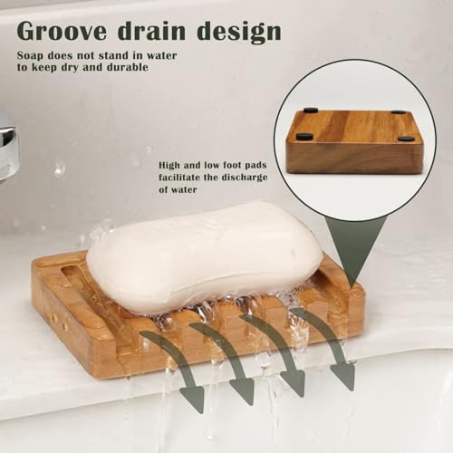 Set of 2 Teak Wood Soap Dishes with Sloped Drain, Bathroom & Kitchen