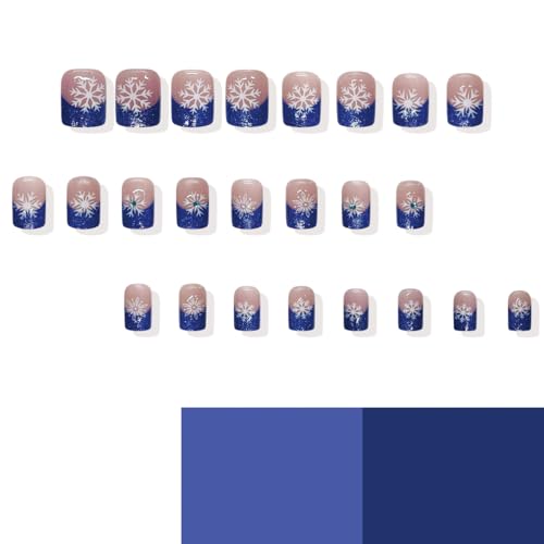 Christmas Press On Nails Short Square Blue Glitter French Fake Nails