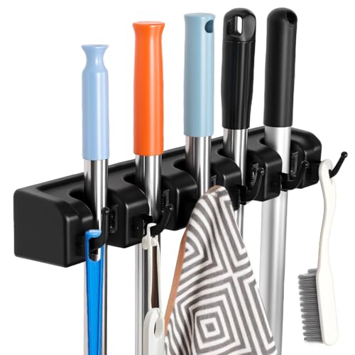 InPoTo Wall Mount Broom Holder, 5 Slots 6 Hooks Mop Organizer Rack (1-Pack)