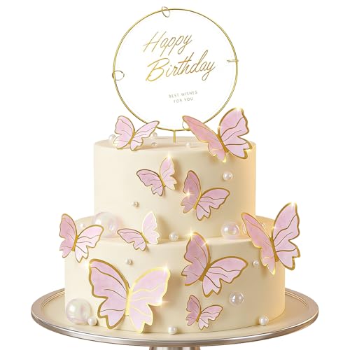 Butterfly Cake Toppers Set - 10 Pink Decorations with Gold Happy Birthday Topper