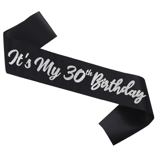 Black 30th Birthday Satin Sash with Silver Glitter Letters for Women