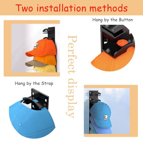 Black Baseball Cap Organizer - Wall Mount Hat Rack for 20 Caps
