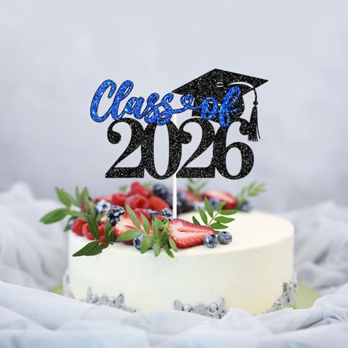 Class of 2026 Graduation Cake Topper - Black & Blue Glitter