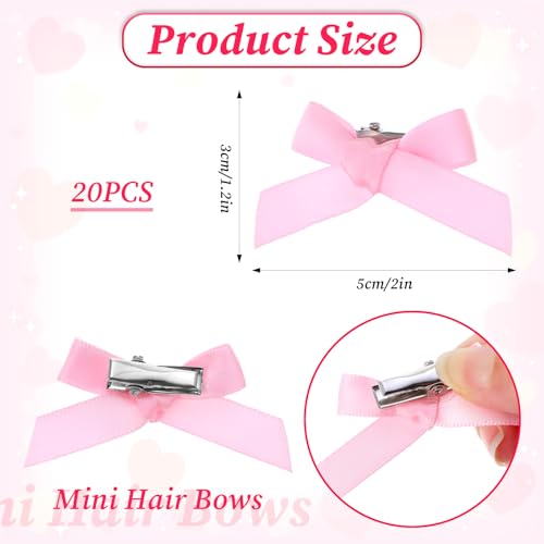 20 PCS Mini Pink Hair Bows, Satin Bow Hair Clips with Storage Box
