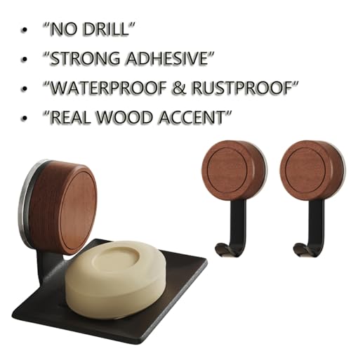 Airooglee Walnut & Stainless Steel Soap Dish, Suction Cup Shower Holder