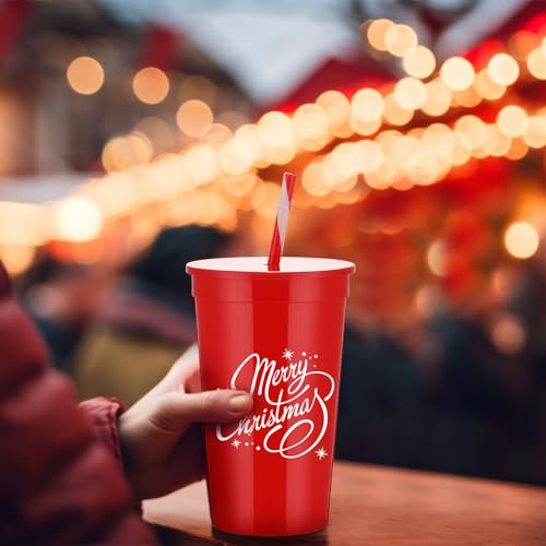 Christmas Tumbler Cups Bulk - 10 Pcs 34 oz with Lids & Straws, Holiday Drinkware - Variation of 10