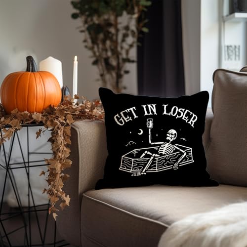 Black Skull Halloween Pillow Cover 18x18, Funny Gothic Skeleton Decor