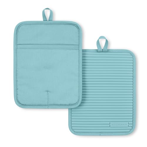 KitchenAid Ribbed Soft Silicone Pot Holders 2-Pack Set, Mineral Water Aqua, 7x9 Inches