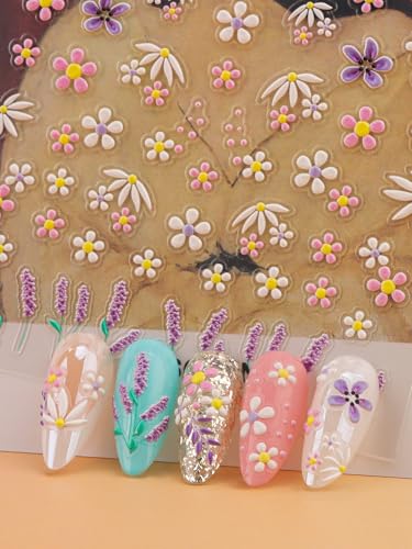 EBANKU 5D Embossed Flower Nail Stickers with Tweezers Spring Floral Decals