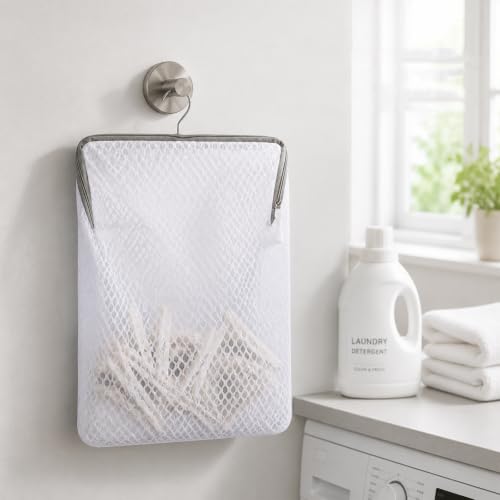 CHENZORVAX Hanging Mesh Clothespin Bag with Hook, White - 11.8 x 7.8 In