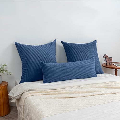 Denim Blue Lumbar Pillow Cover 14x36 Inch Corduroy Cushion