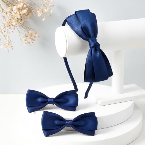 Navy Blue Bow Headband and Hair Clips Set for School Uniforms