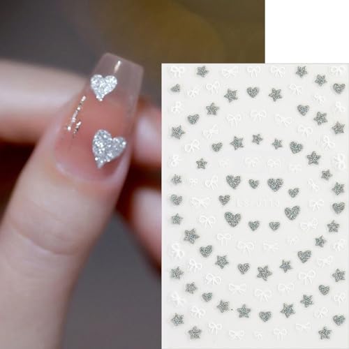 Glitter Heart Star Bows Nail Stickers 3D Self-Adhesive Decals 6 Sheets
