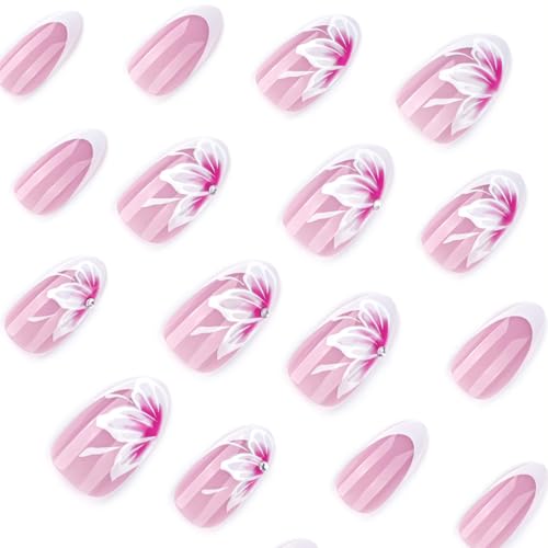 Pink Flower Press on Nails Almond French Tip Fake Nails with Rhinestones