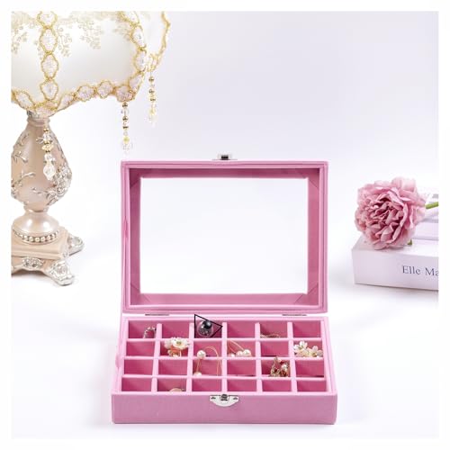 WINDAWNKE 24-Grid Jewelry Organizer Box, Pink Velvet Ring Display Tray