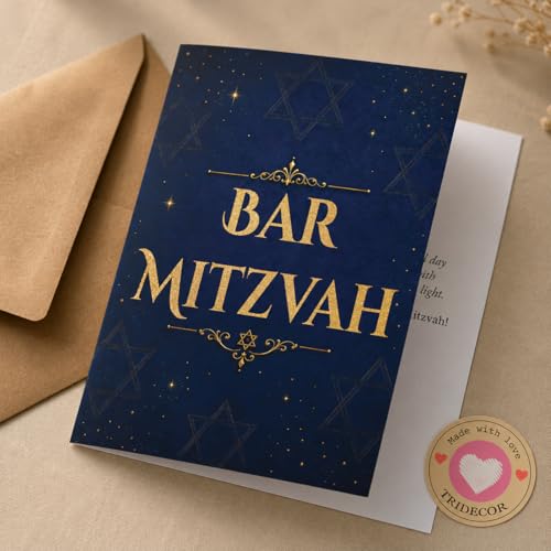 Elegant Bar Mitzvah Greeting Card - 5x7 Navy & Gold Folded Card with Envelope