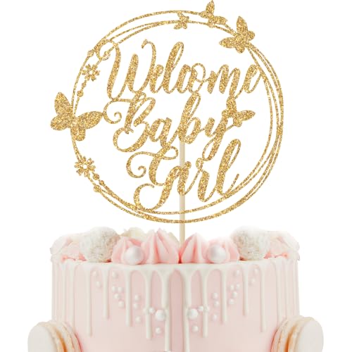 Welcome Baby Girl Cake Topper - Gold Glitter Baby Shower Decoration