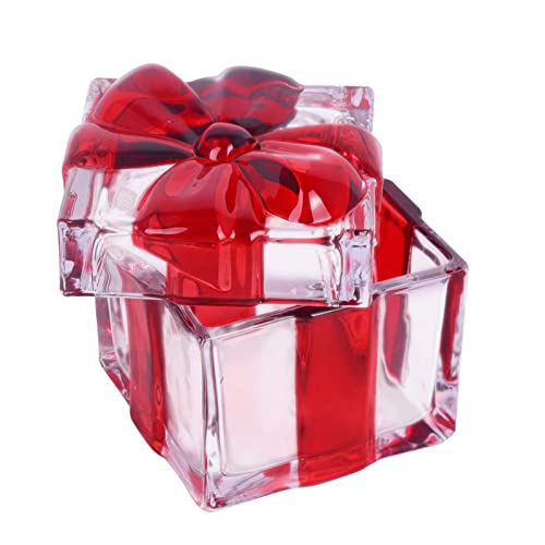 Red Square Crystal Candy Dish with Bowknot Lid, Glass Christmas Decor - 1 Pack